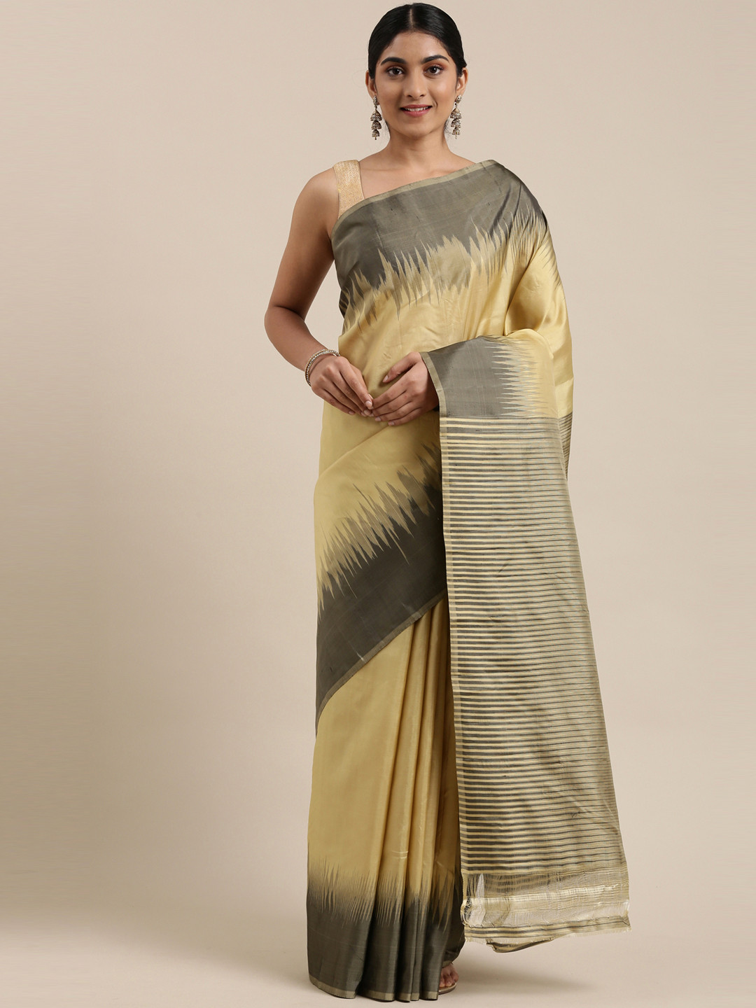 

The Chennai Silks Classicate Beige Solid Pure Silk Kanjeevaram Saree