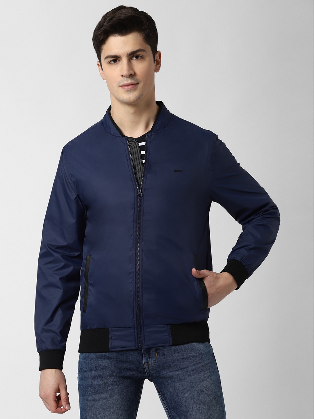 

PETER ENGLAND UNIVERSITY Men Navy Blue Solid Bomber Jacket