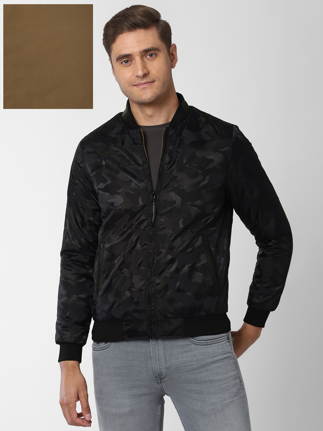 

PETER ENGLAND UNIVERSITY Men Black Camouflage Reversible Bomber Jacket