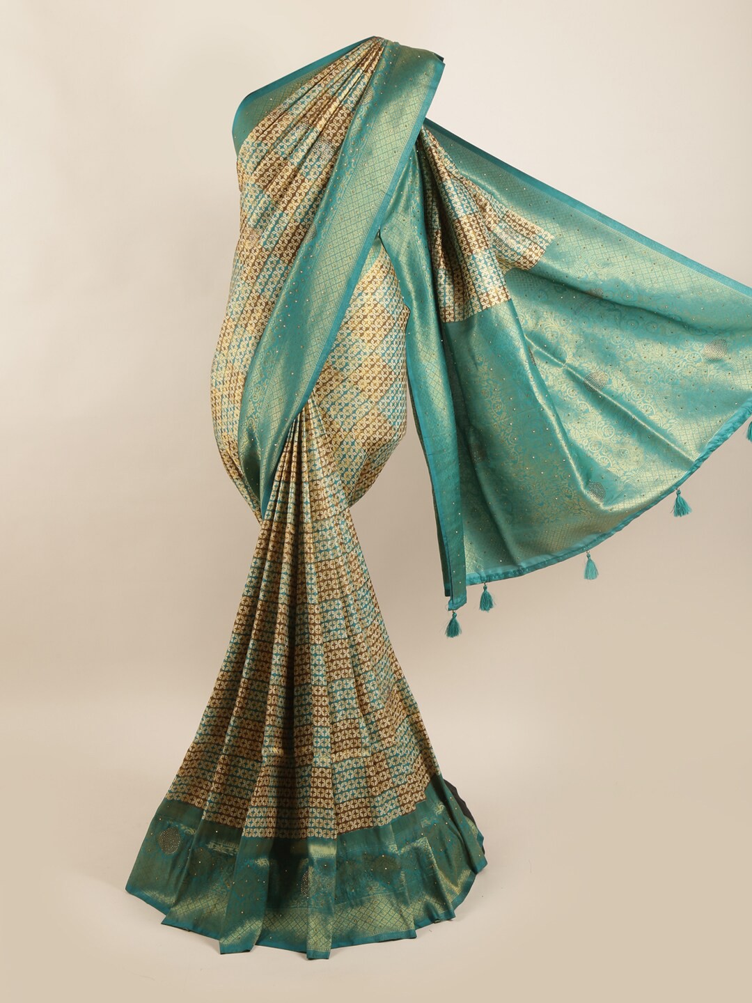 

Pothys Brown & Turquoise Blue Beads and Stones Art Silk Saree