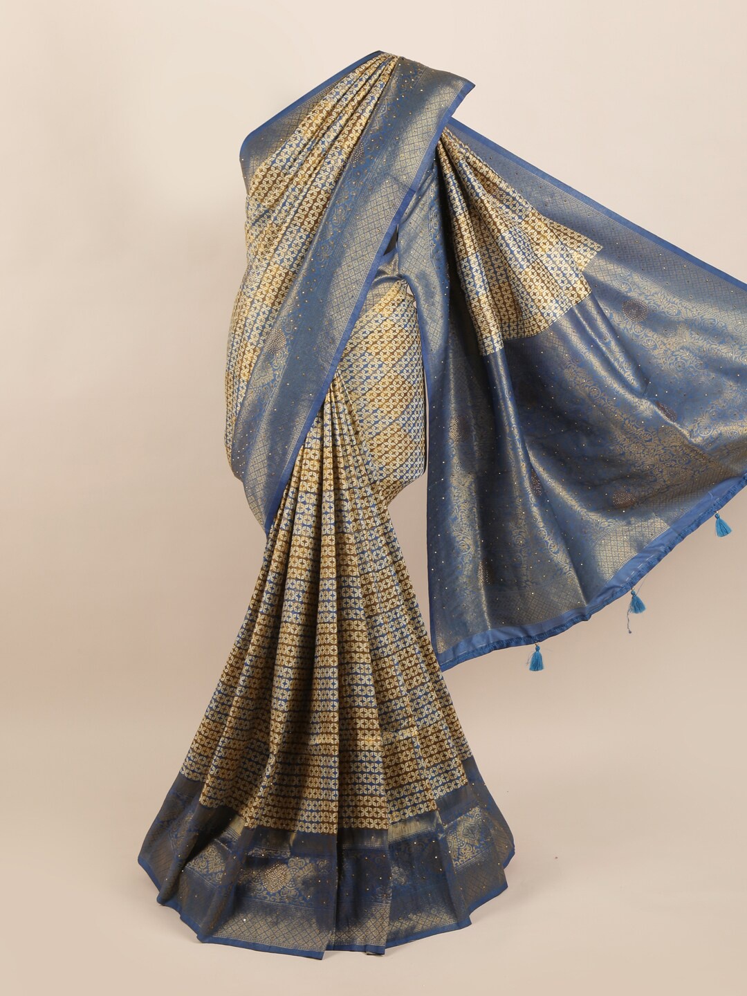 

Pothys Beige & Blue Geometric Printed Zari Art Silk Saree