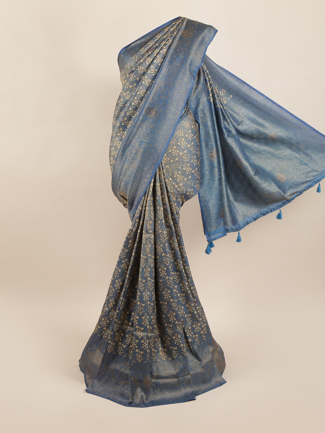 

Pothys Blue & Cream-Coloured Ethnic Motifs Beads and Stones Embellished Art Silk Saree