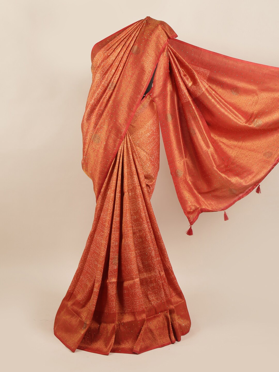 

Pothys Orange & Gold-Toned Paisley Art Silk Saree