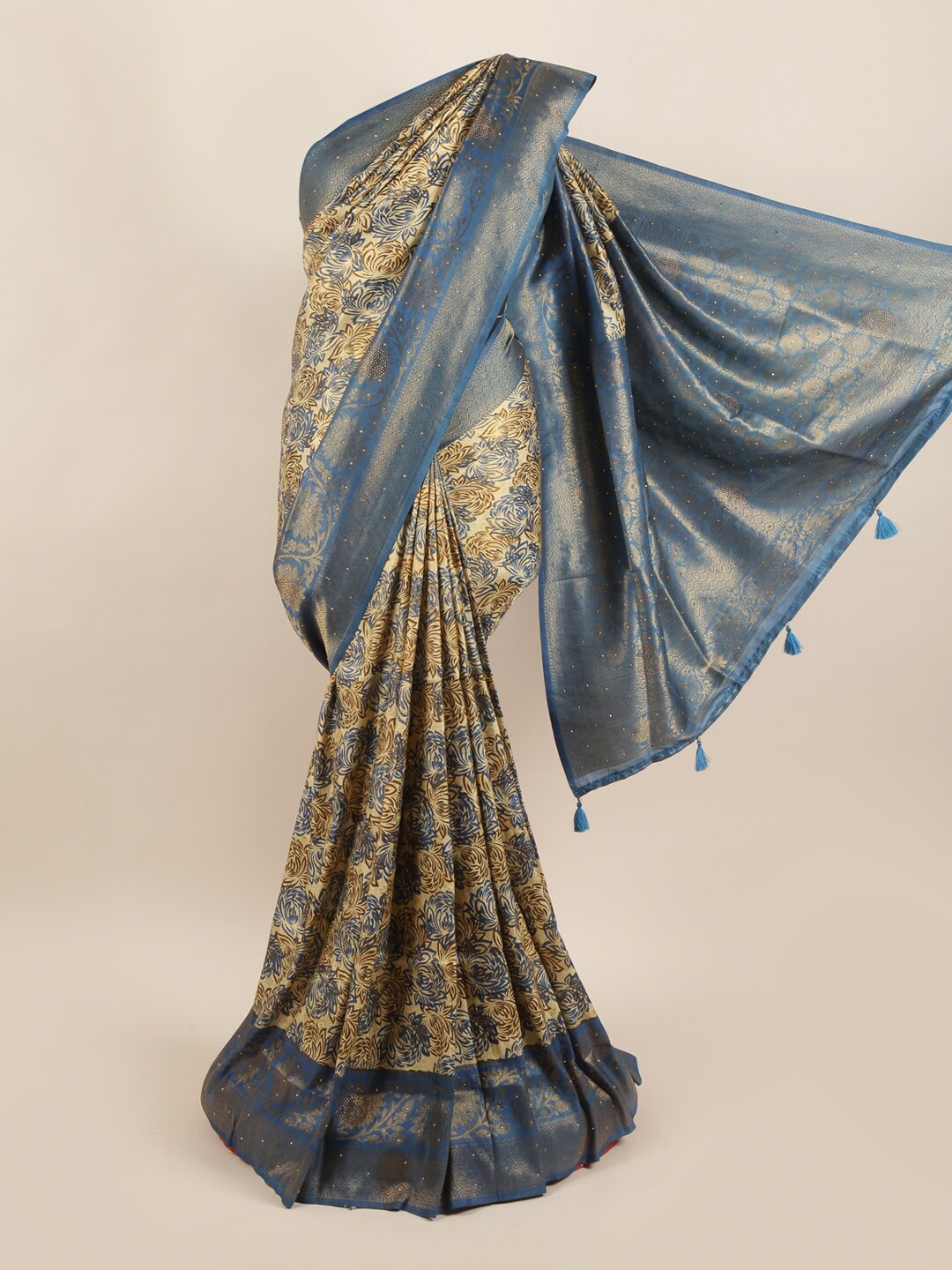 

Pothys Beige & Blue Floral Printed Zari Art Banaras Silk Saree