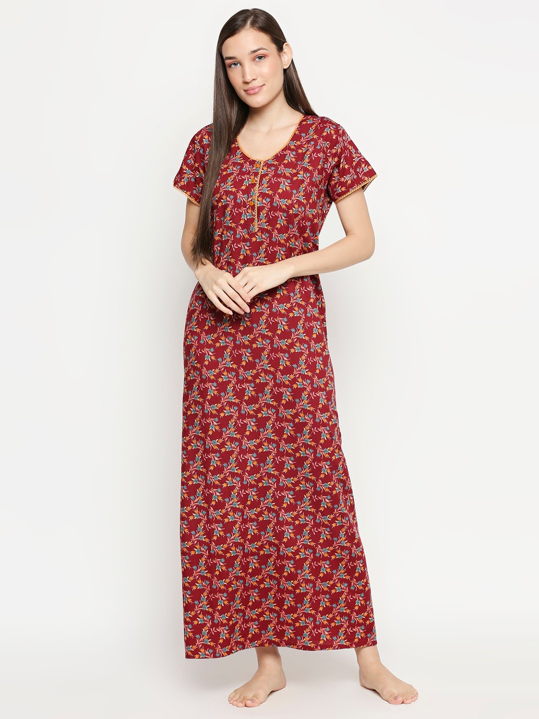 

XIN Maroon & Blue Printed Maxi Nightdress