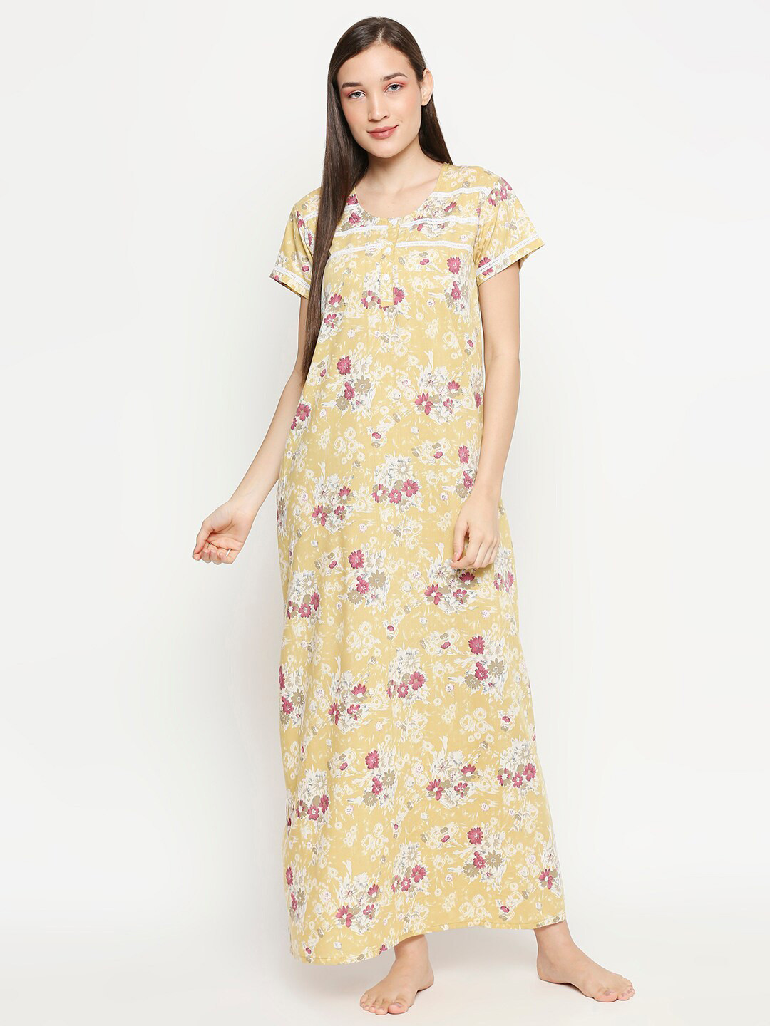 

XIN Yellow & White Printed Maxi Nightdress