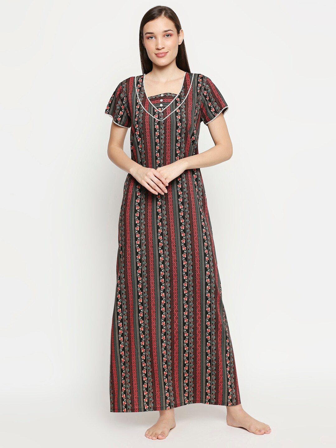 

XIN Black & Red Printed Maxi Nightdress
