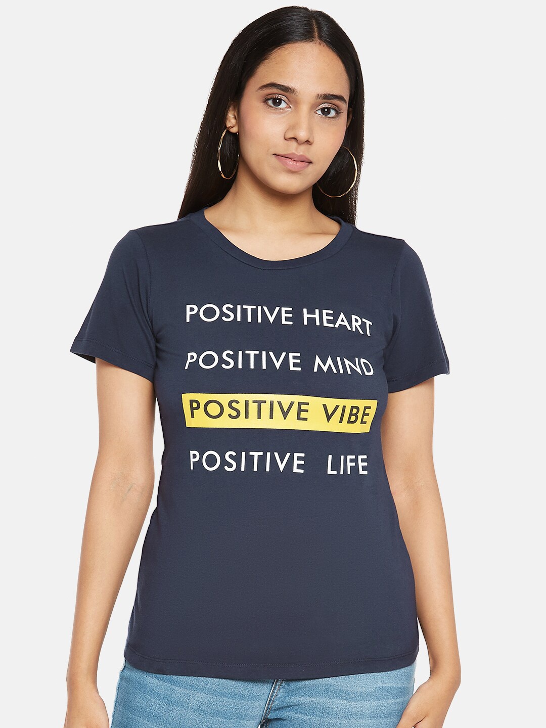 

Honey by Pantaloons Women Navy Blue Typography Printed Pure Cotton T-shirt