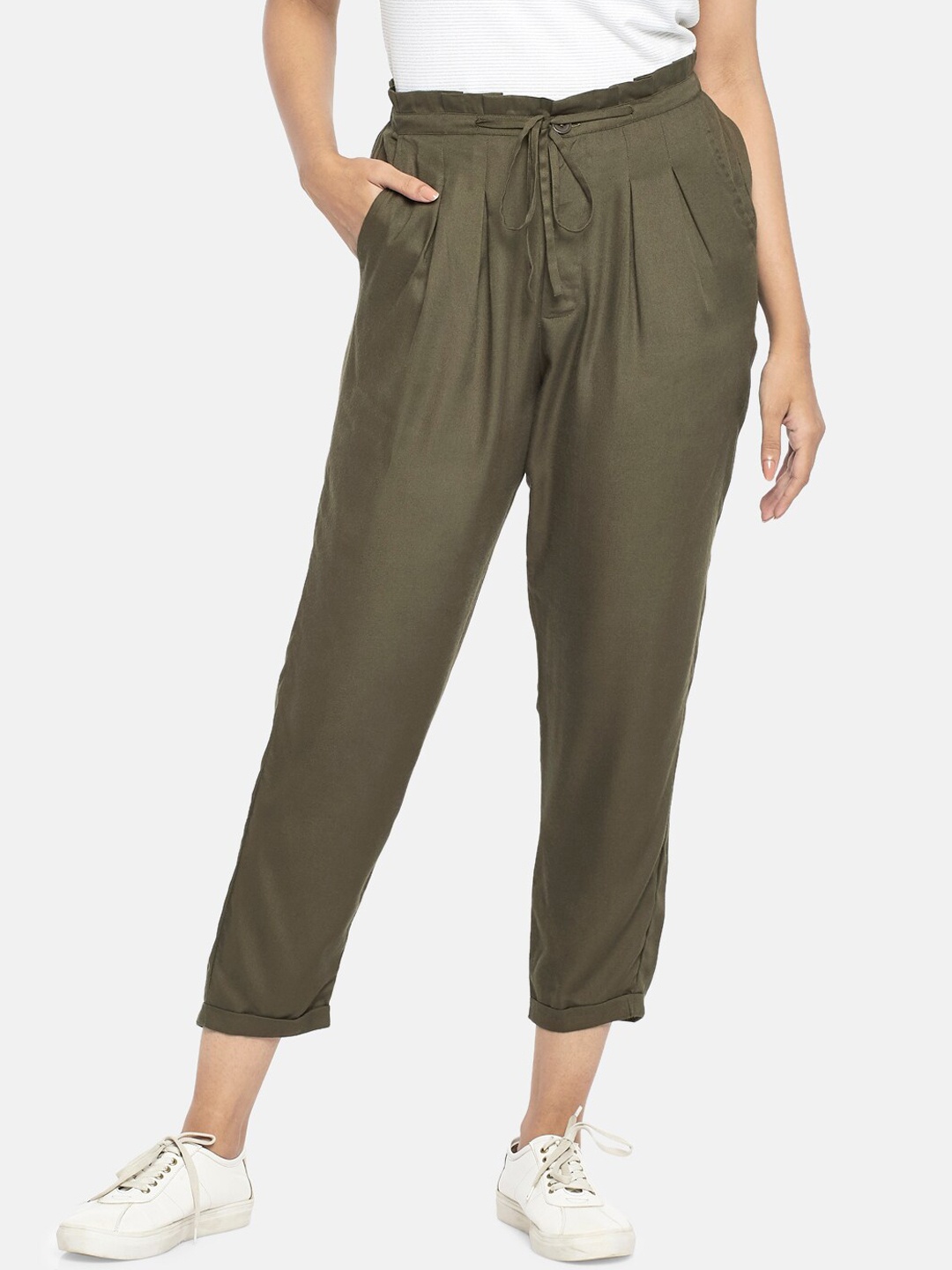 

People Women Olive Green Slim Fit High-Rise Pleated Peg Trousers