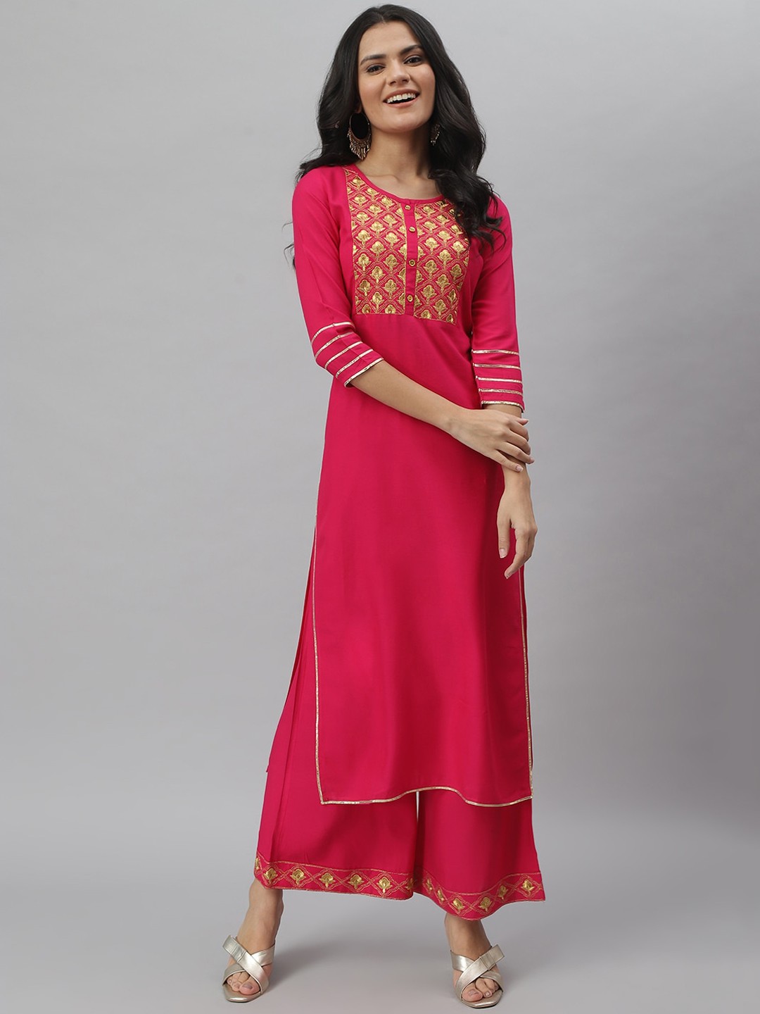 

Stylum Women Pink Ethnic Motifs Yoke Design Kurta with Palazzos
