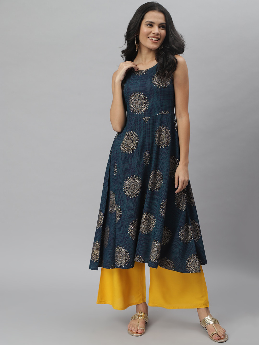 

Stylum Women Teal Blue & Mustard Yellow Ethnic Motifs Printed Kurta with Palazzos