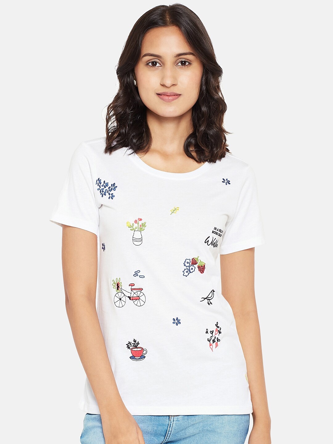 

Honey by Pantaloons Women White Conversational Printed Pure Cotton Top