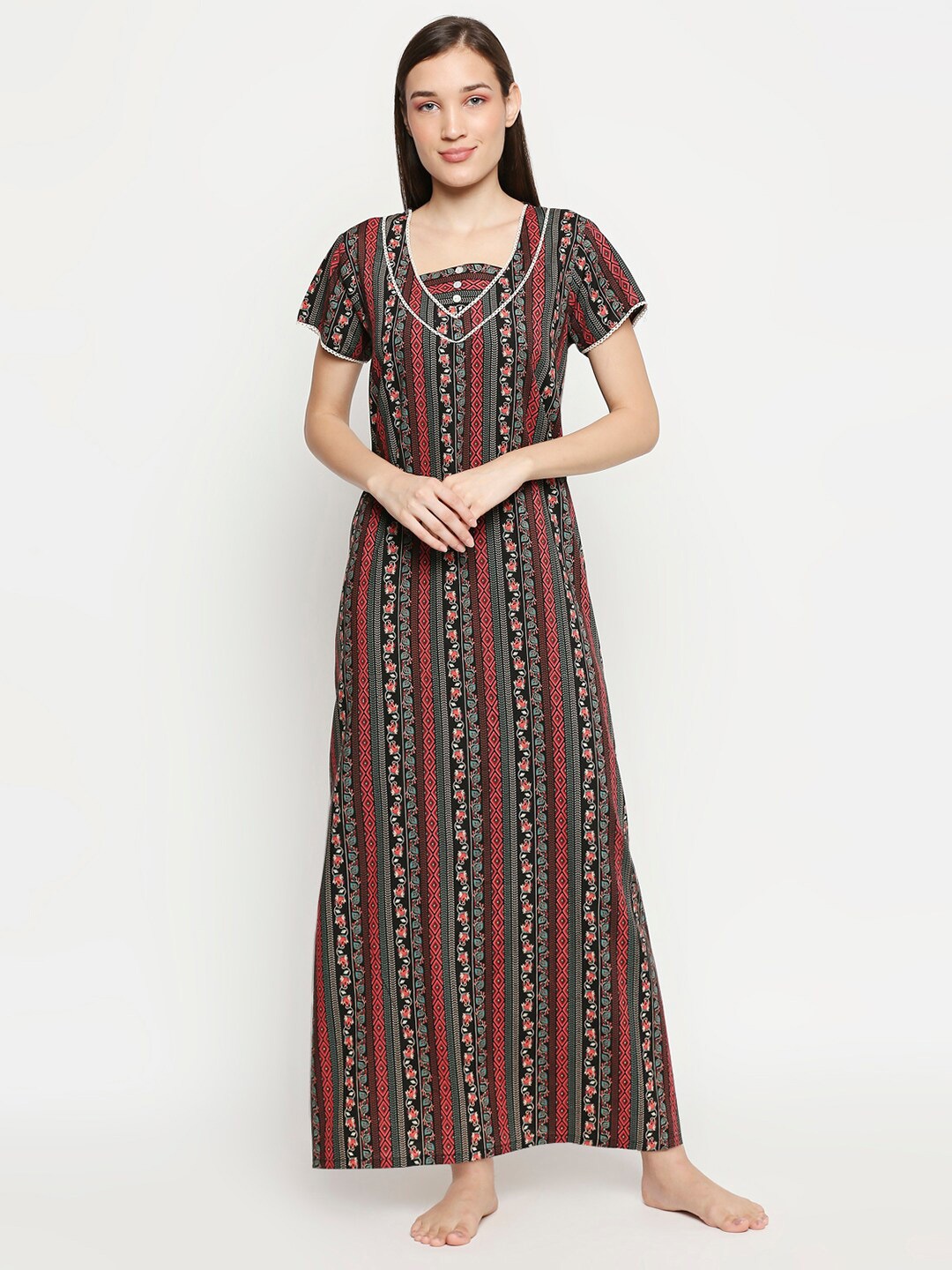 

XIN Black & Coral Printed Maxi Nightdress