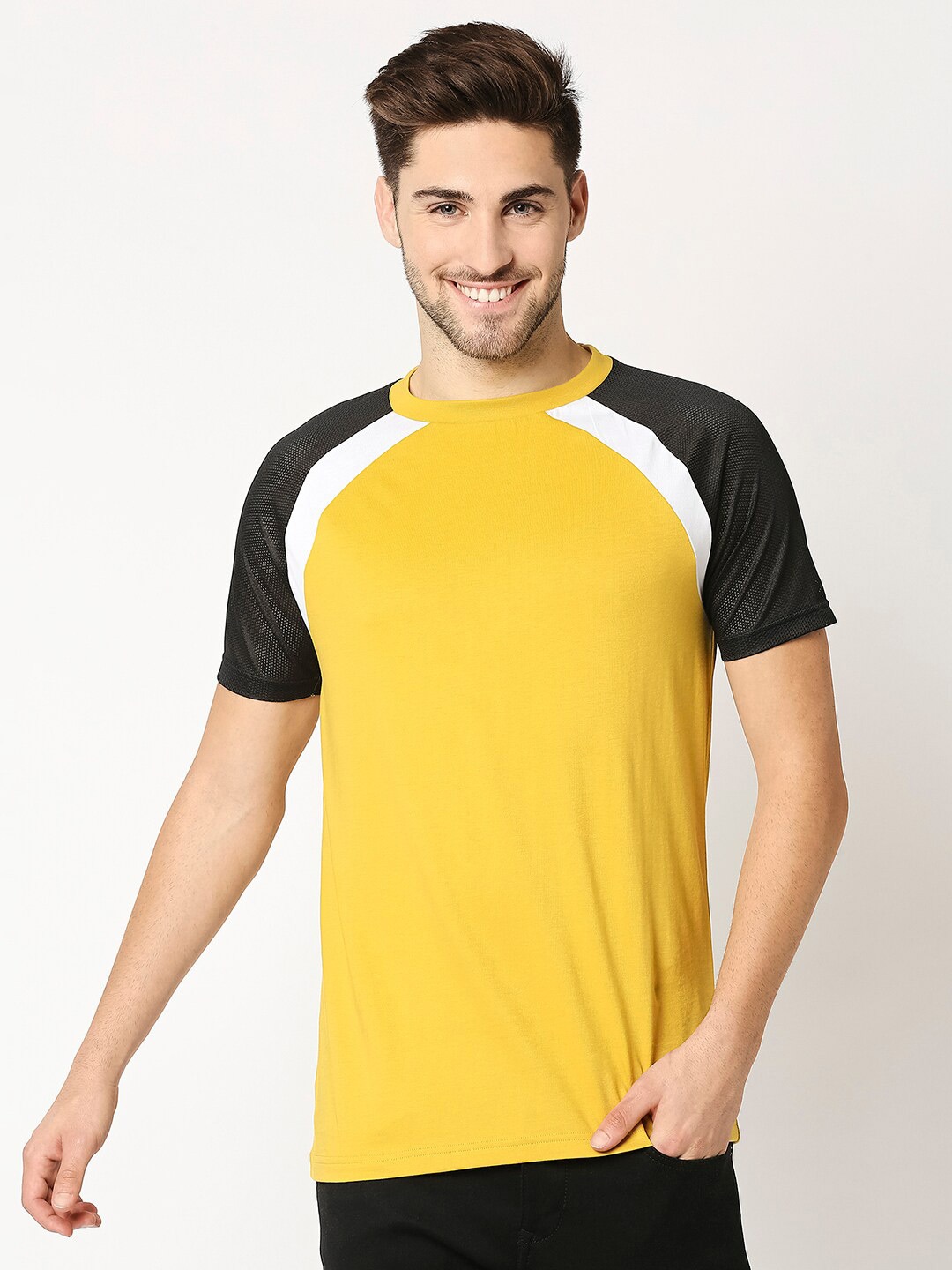 

Bewakoof Men Yellow And Black Colourblocked T-shirt