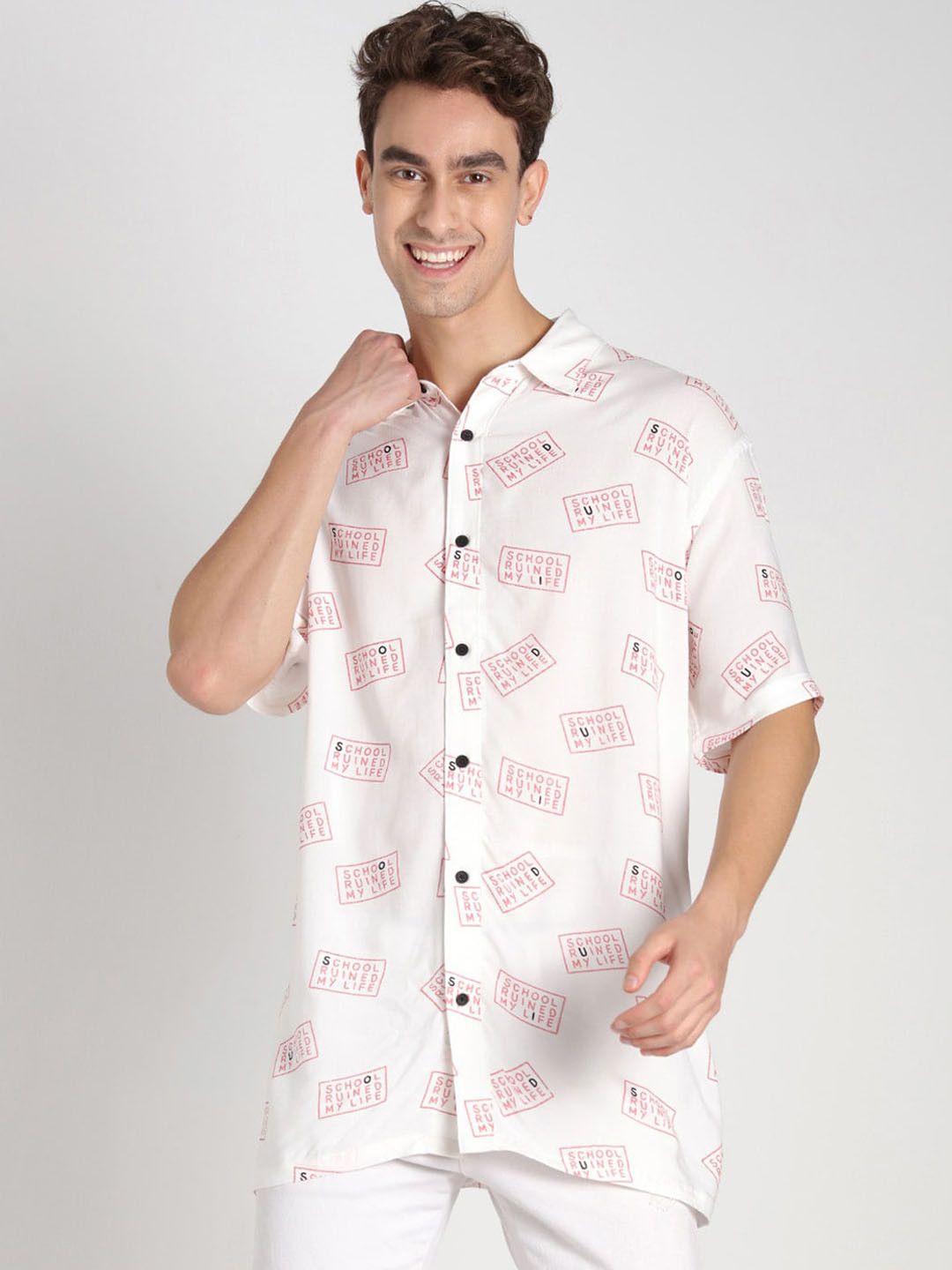 

Bewakoof Men White & Pink Typography Printed Casual Shirt