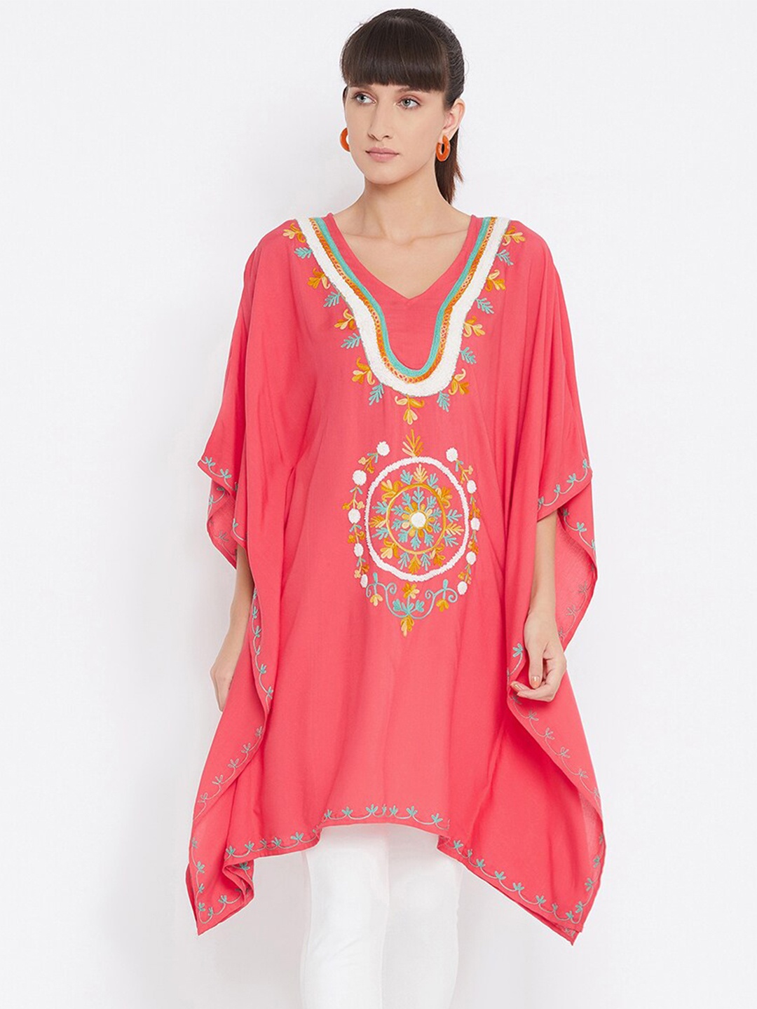 

Ruhaans Pink & White Viscose Rayon Embroidered Kaftan Tunic