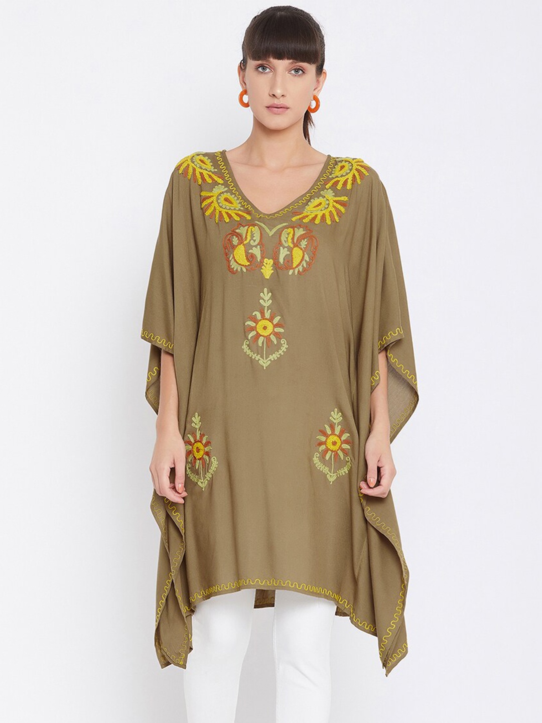 

Ruhaans Olive Green & Yellow Viscose Rayon Embroidered Kaftan Tunic