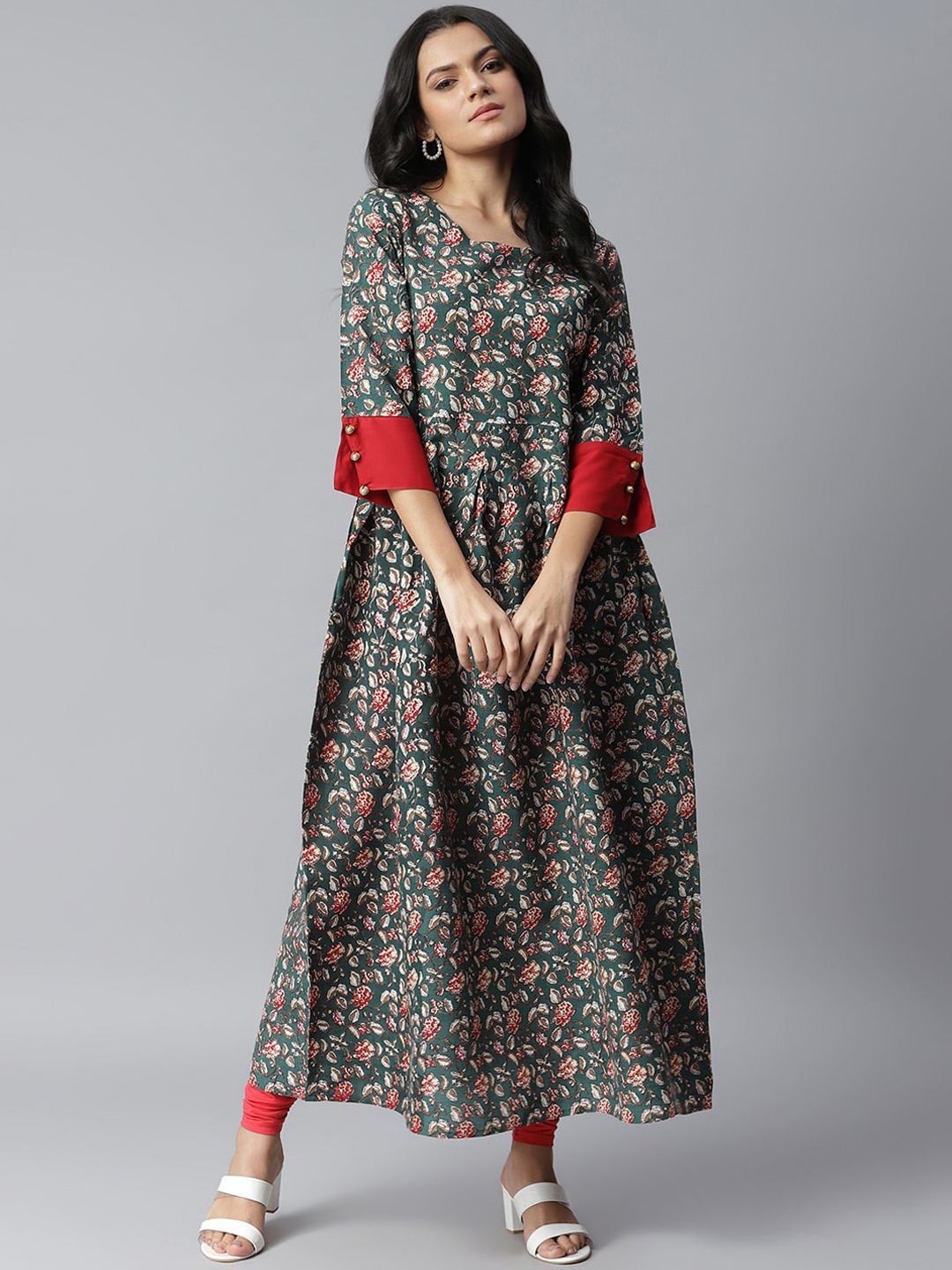 

Stylum Women Green & Maroon Floral Printed Fit & Flare Kurta