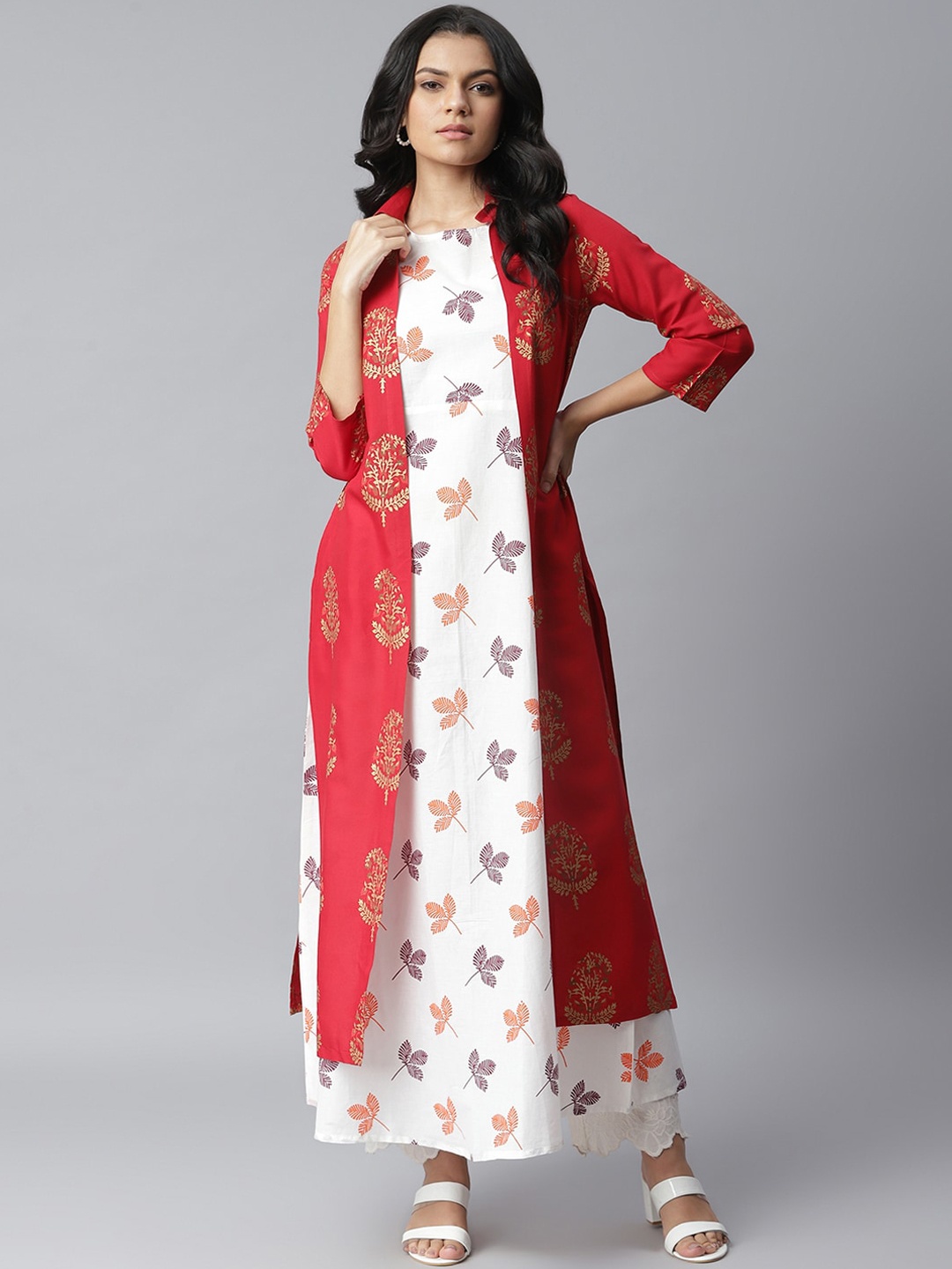 

Stylum Women Red & White Floral Printed A-Line Kurta With Jacket