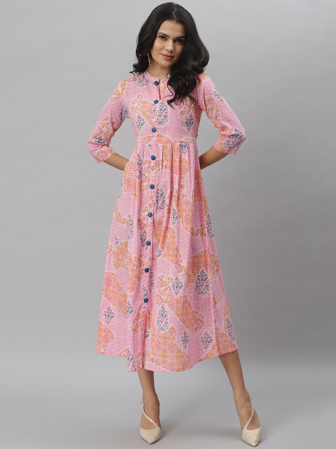 

Stylum Women Pink & Blue Pure Cotton Floral Printed A-Line Kurta