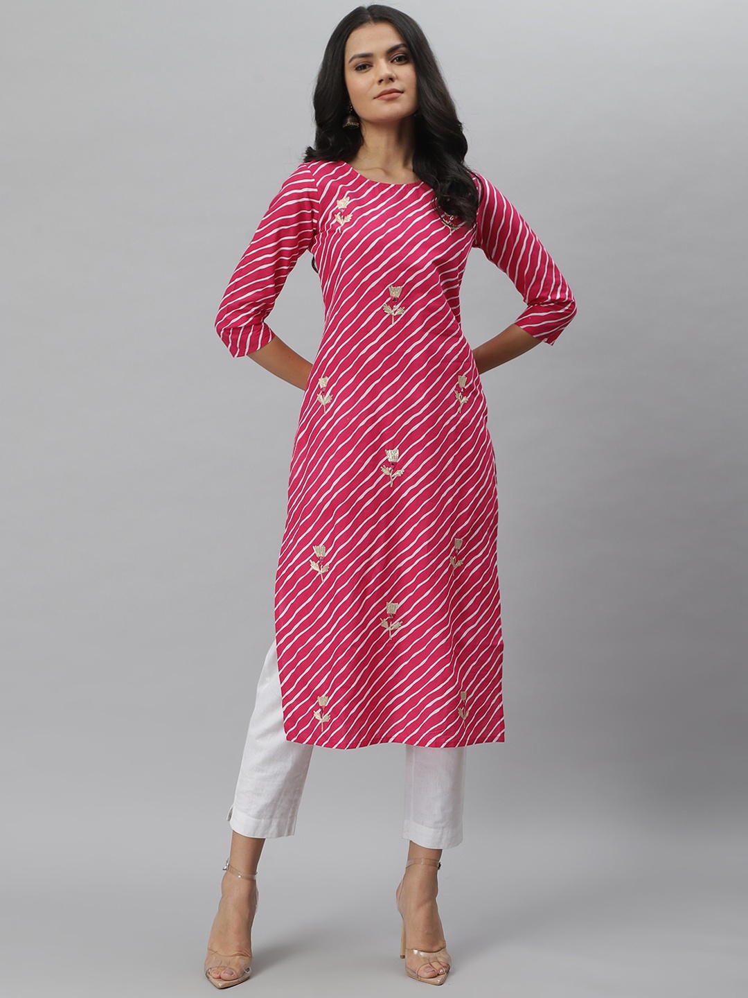 

Stylum Women Pink & White Pure Cotton Leheriya Embellished Straight Kurta