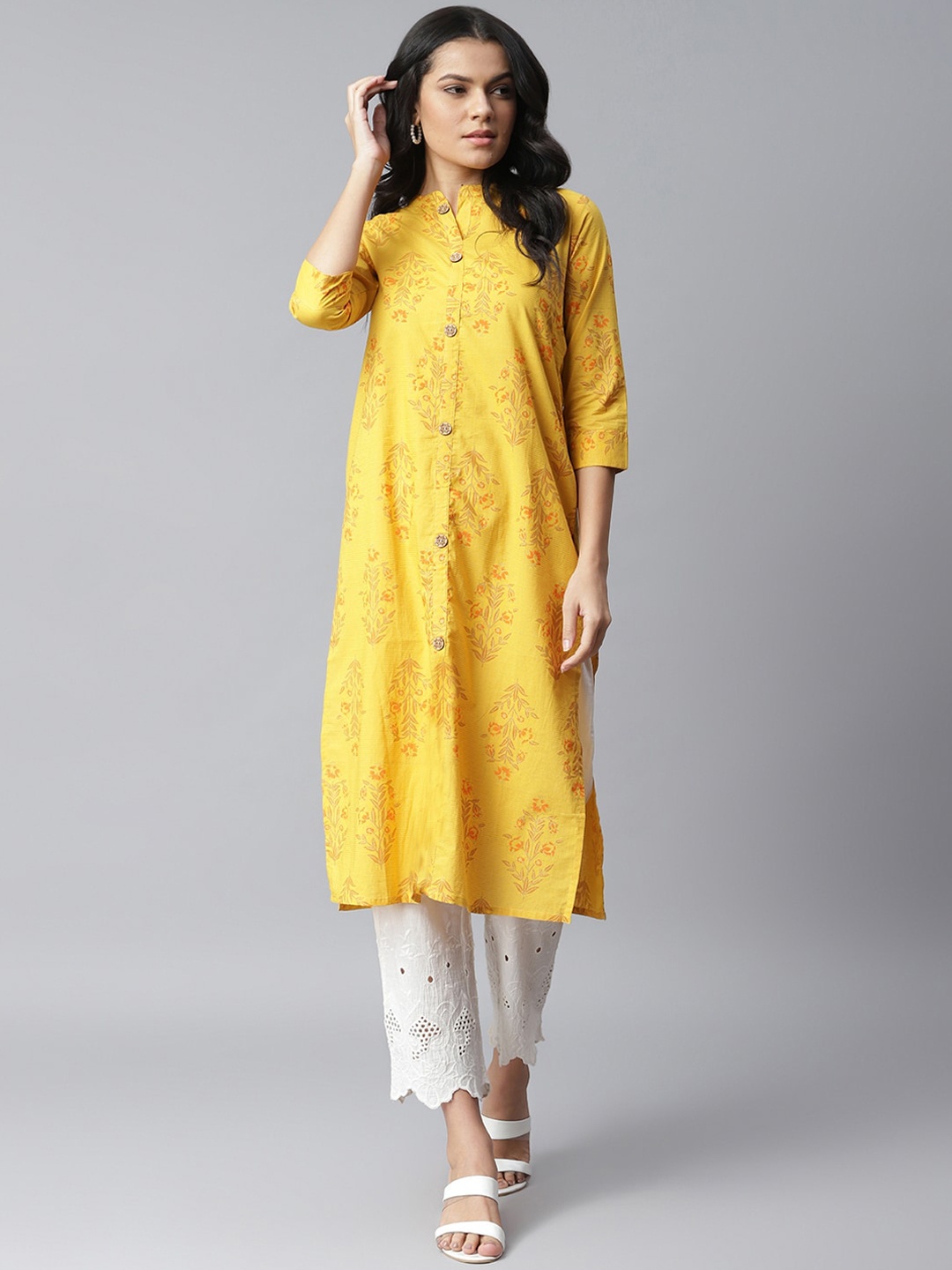 

Stylum Women Mustard Yellow & Gold-Toned Pure Cotton Floral Printed Straight Kurta