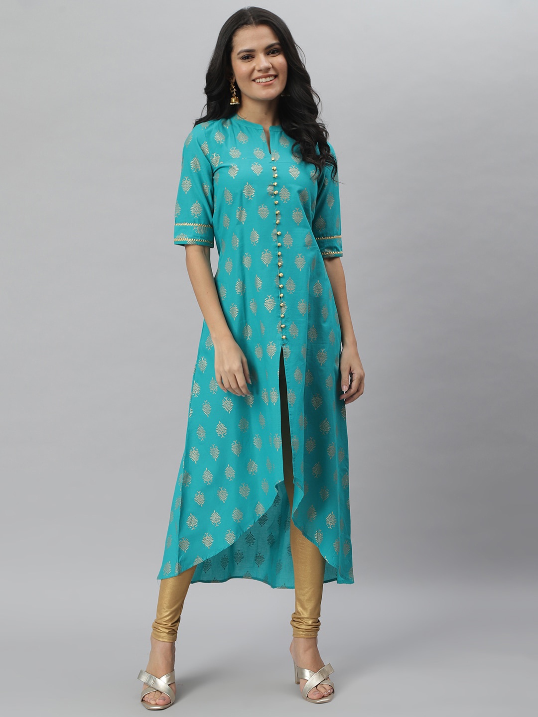 

Stylum Women Sea Green Pure Cotton Ethnic Motif Printed A-Line Kurta