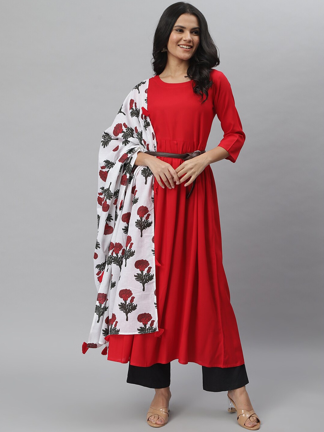 

Stylum Women Red & White Floral Printed Anarkali Kurta With Dupatta