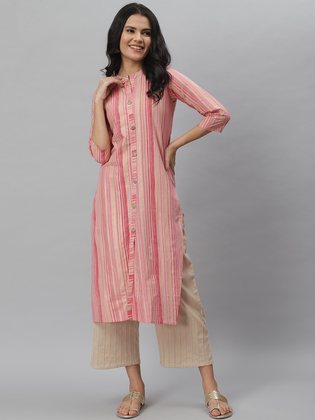 

Stylum Women Pink & Gold Pure Cotton Vertical Striped Kurta