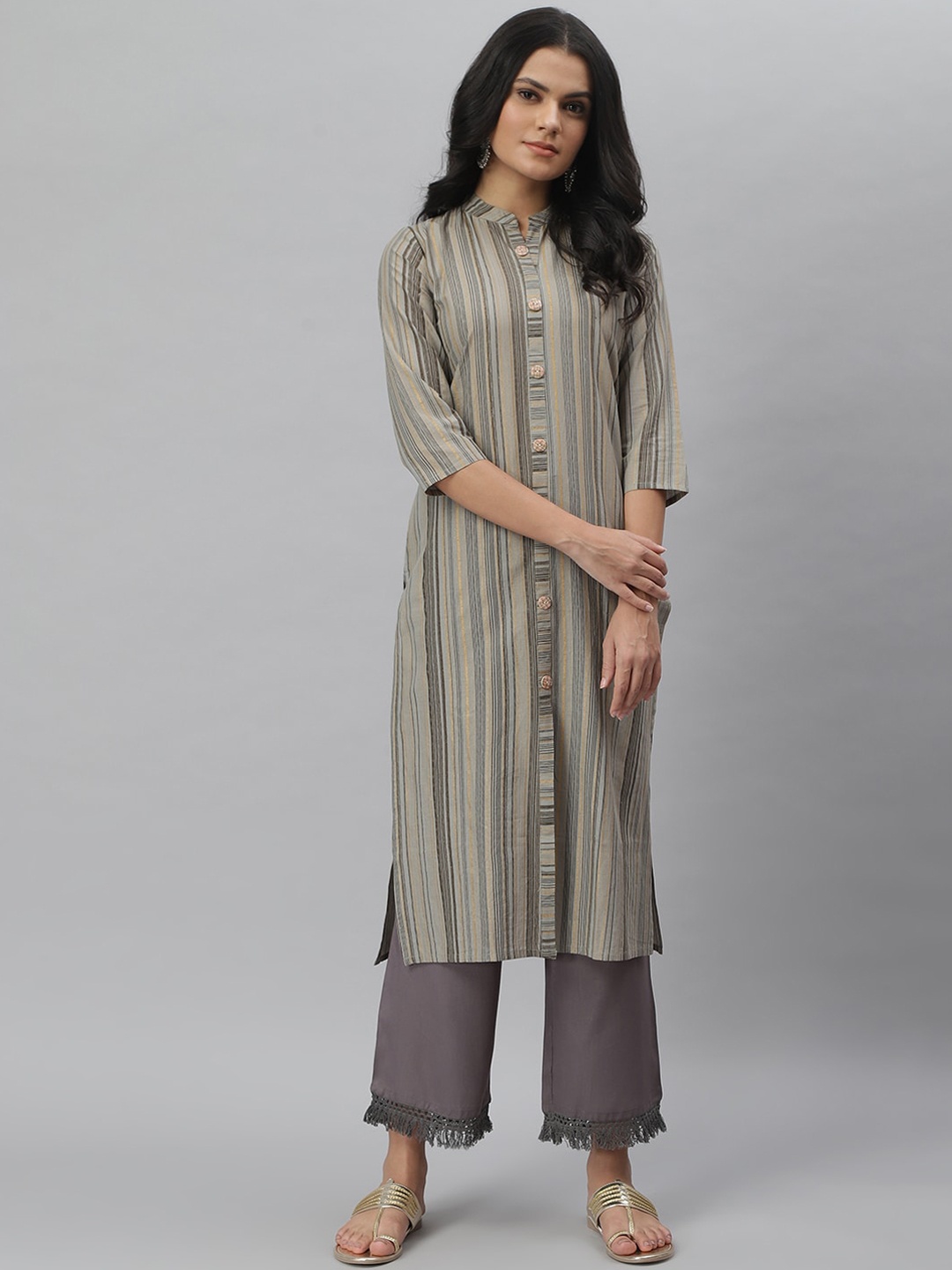 

Stylum Women Grey & Gold Pure Cotton Vertical Striped Kurta