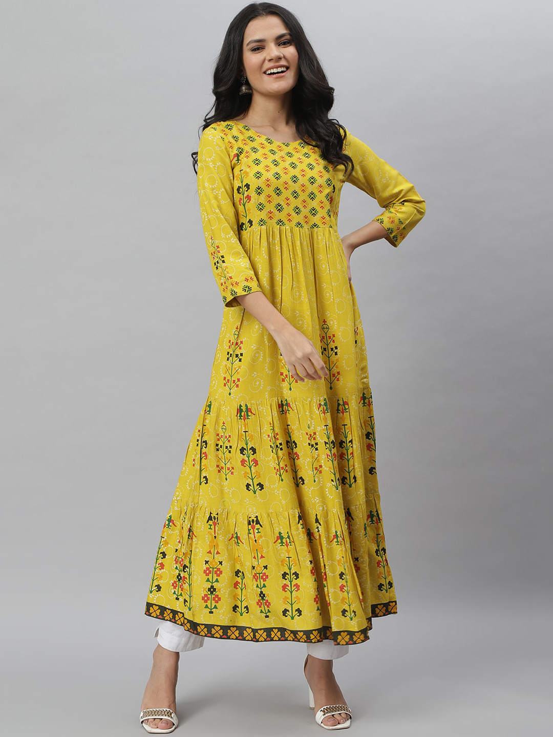 

Stylum Women Yellow Floral Printed Tiered Anarkali Kurta