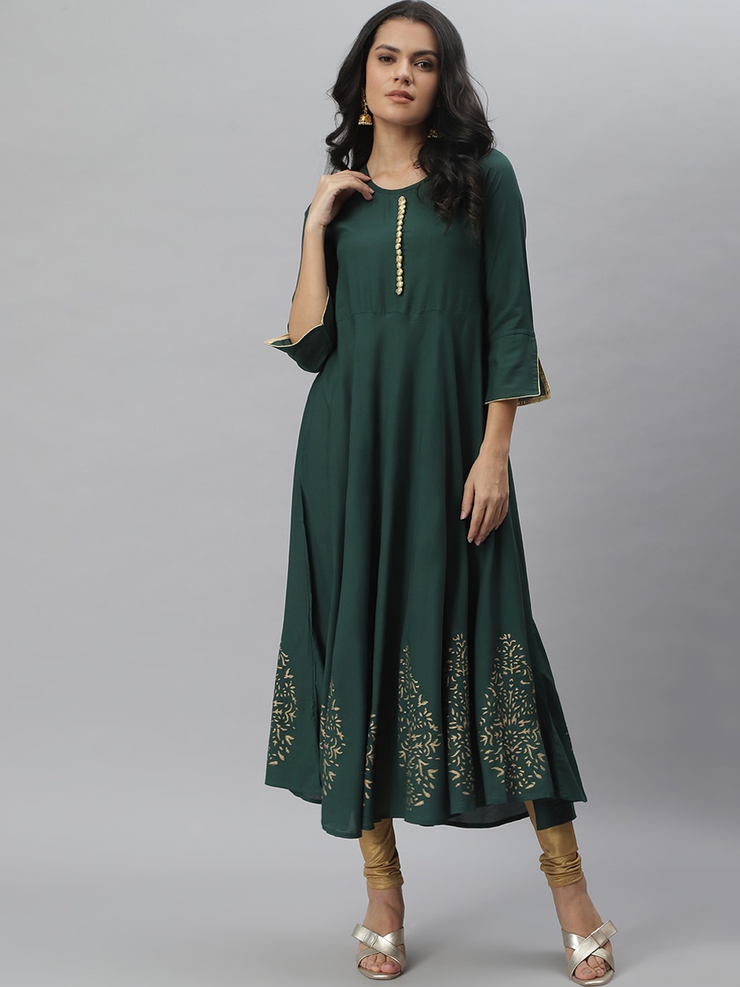 

Stylum Women Green Ethnic Motif Block Printed A-Line Kurta