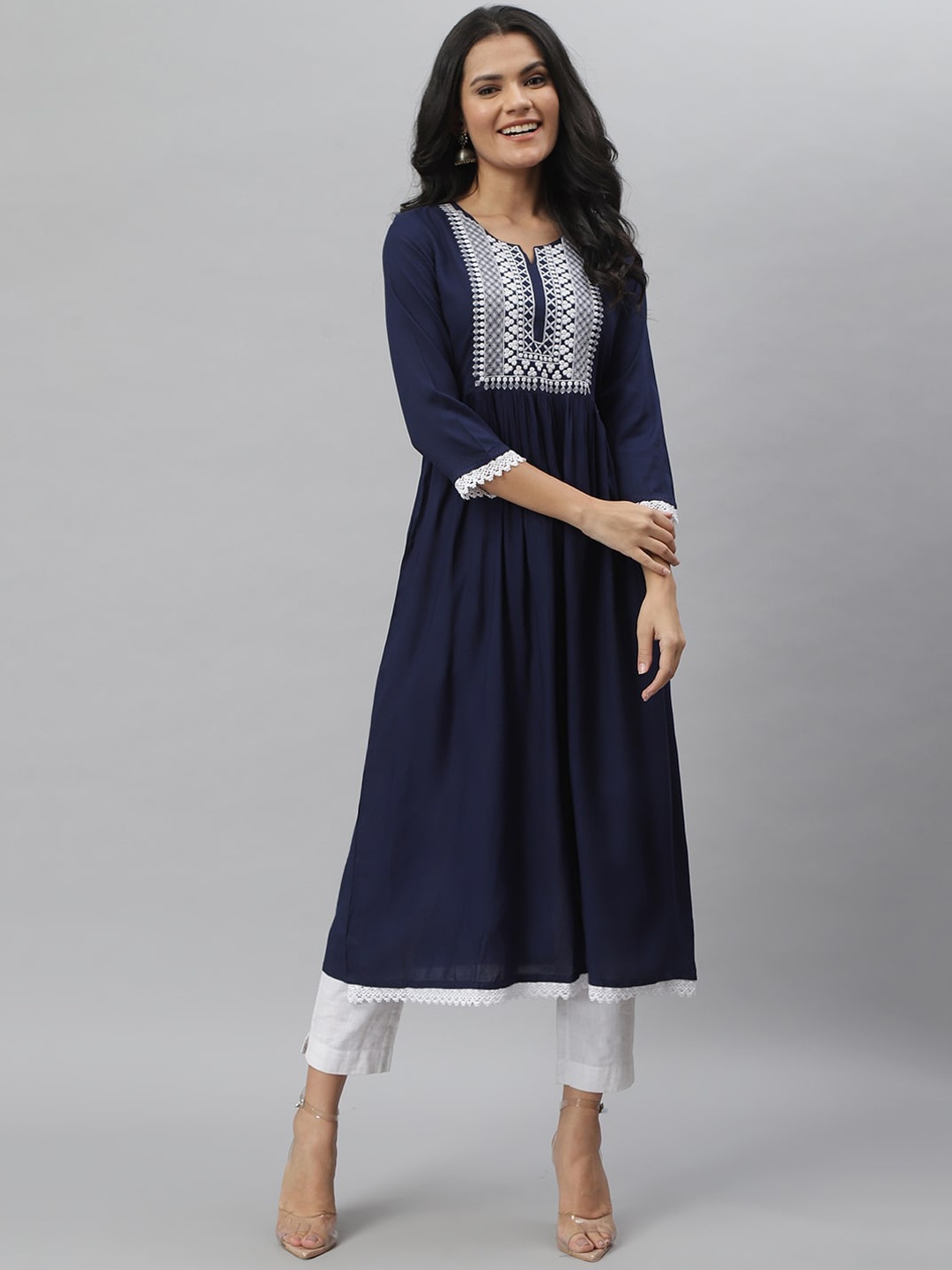

Stylum Women Navy Blue & White Embroidered Anarkali Kurta