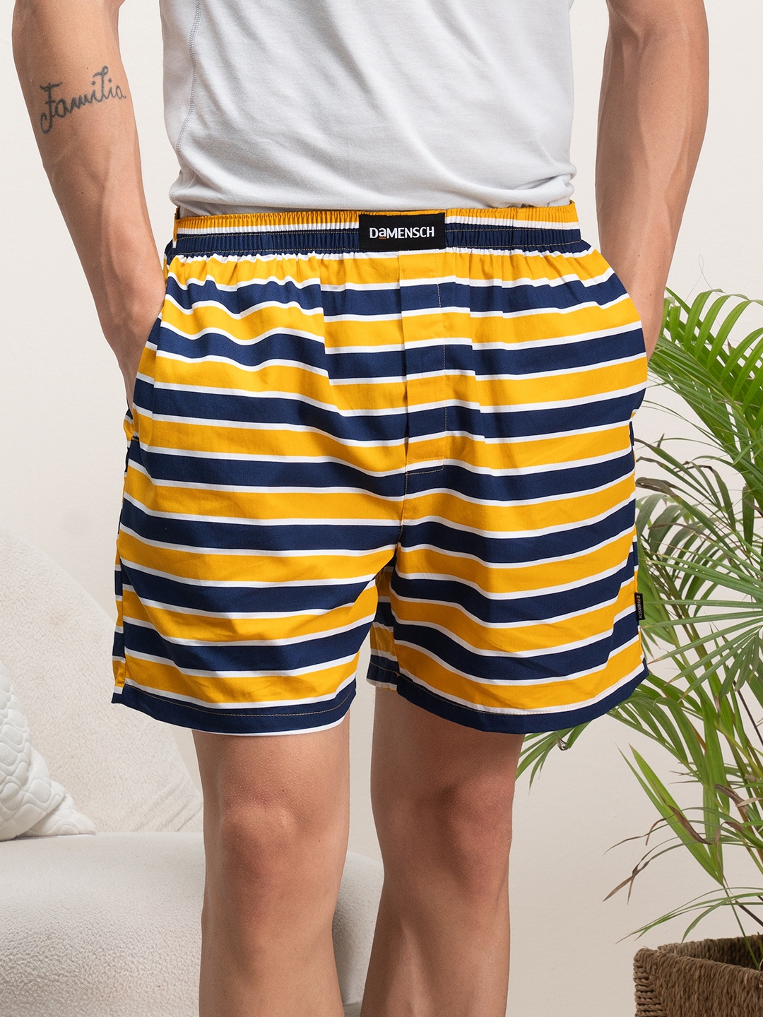 

DAMENSCH Men Striped Ultra-Light Cotton Boxer Shorts- DAM-STP-LBX-BAM, Yellow