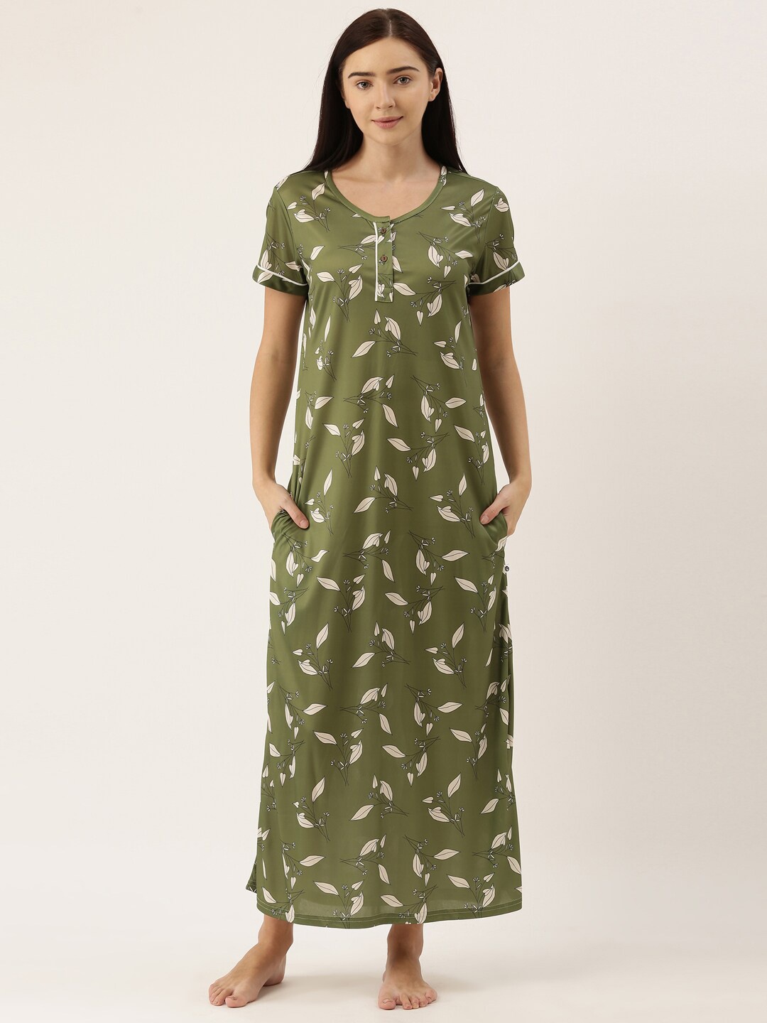 

Bannos Swagger Olive Green Printed Maxi Nightdress