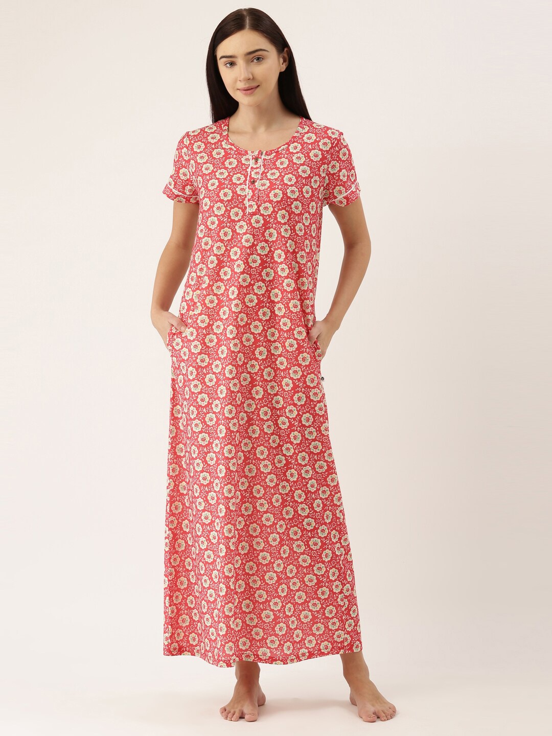 

Bannos Swagger Red & Beige Printed Maxi Nightdress
