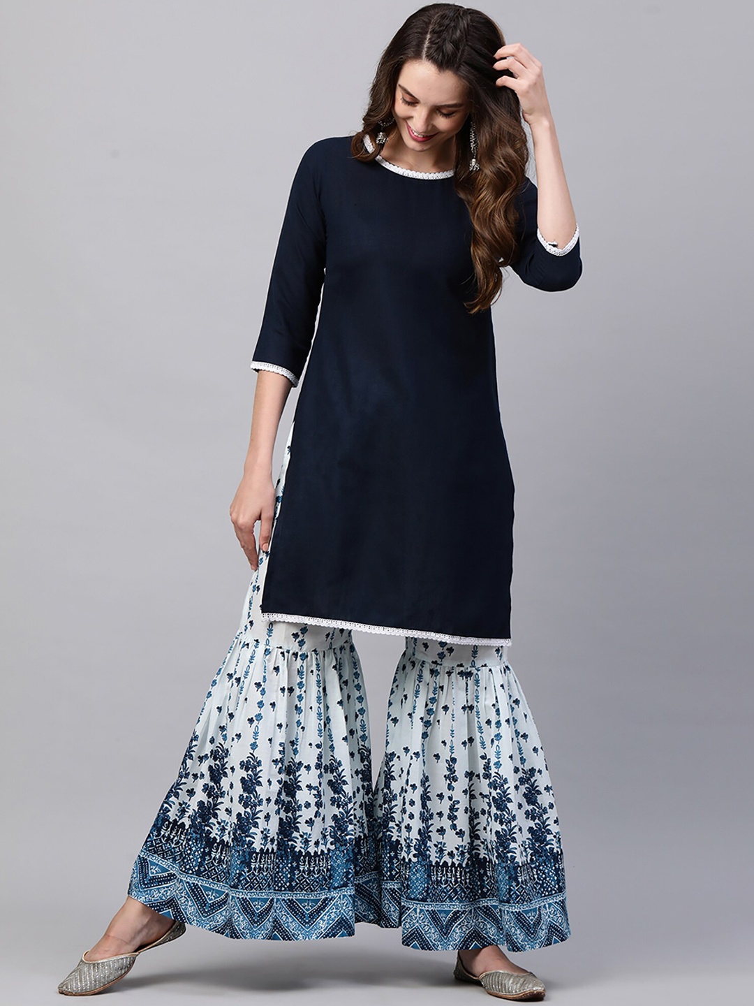 

Indo Era Women Navy Blue Kurta with Palazzos