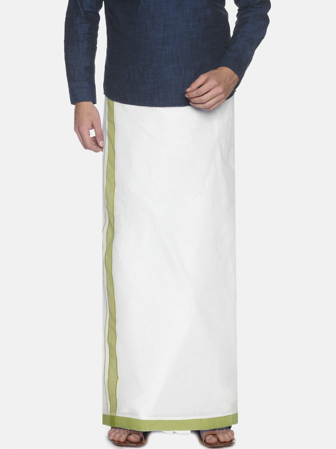 

Chennis Men White Pure Cotton Dhoti with Green Border