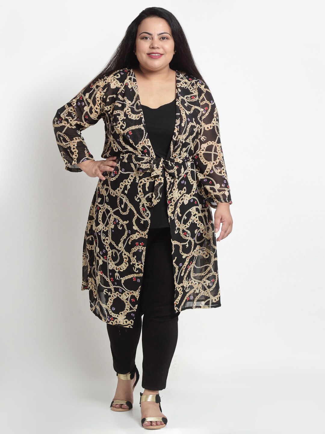 

sindrellastorie Women Black & Beige Printed Tie-Up Shrug