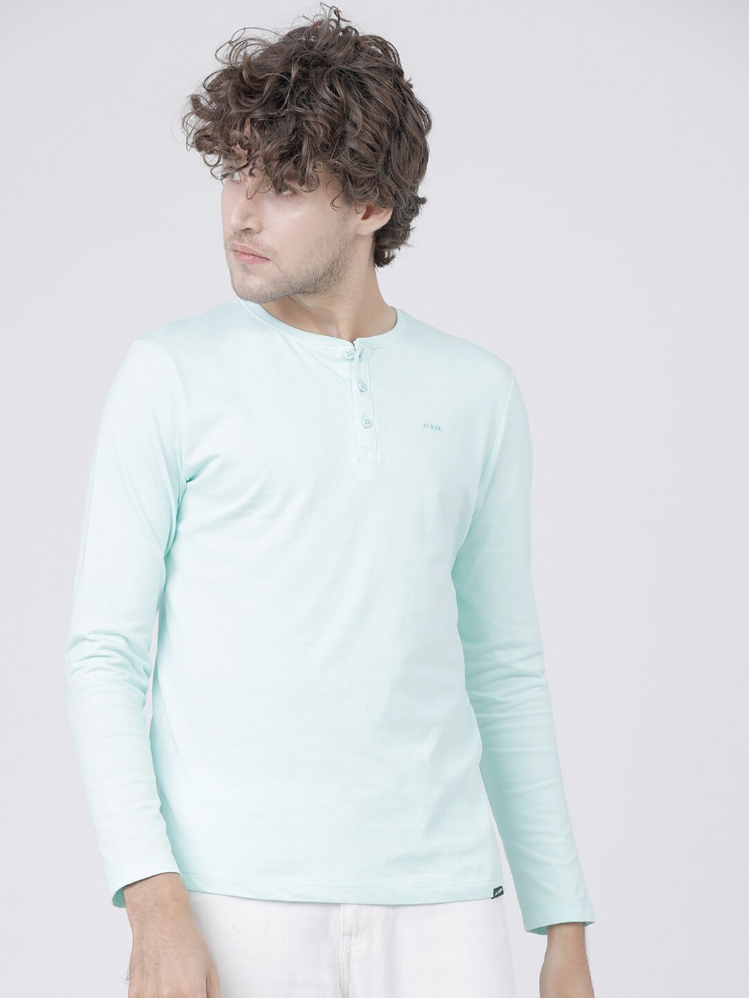 

HIGHLANDER Men Turquoise Blue Henley Neck Slim Fit T-shirt