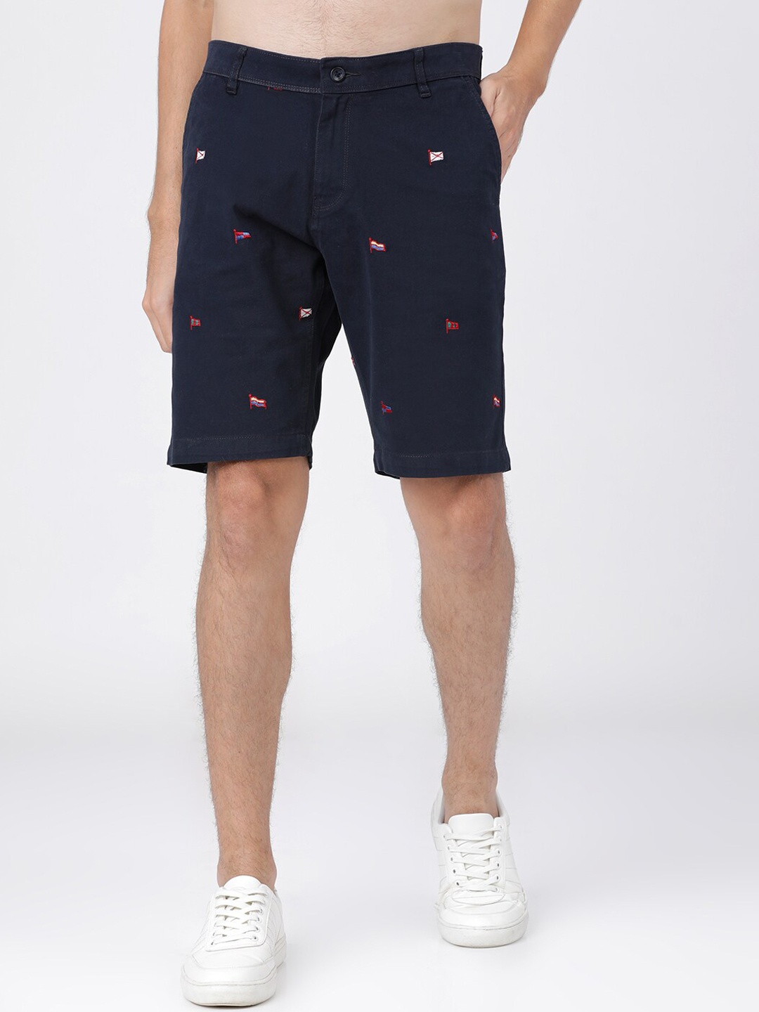 

HIGHLANDER Men Navy Blue Printed Slim Fit Mid-Rise Chinos Shorts