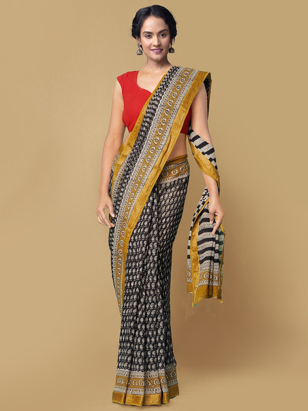 

Unnati Silks Black & Mustard Ethnic Motifs Pure Cotton Bagru Sustainable Saree