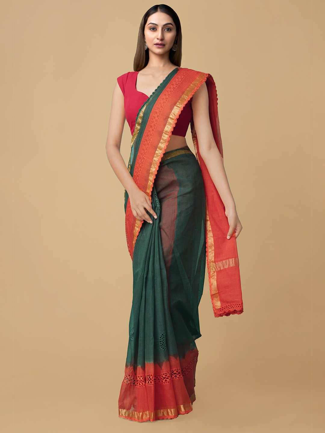 

Unnati Silks Green & Red Ethnic Motifs Jaali Border Sustainable Pure Cotton Kota Saree