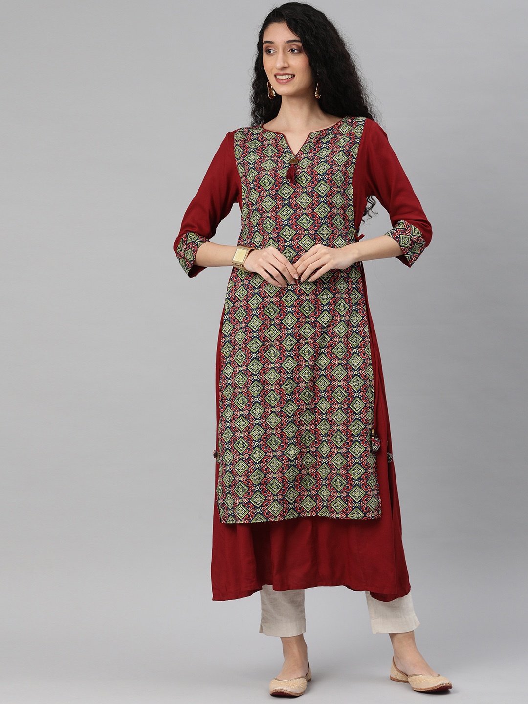 

flaher Women Maroon & Green Printed A-Line Kurta
