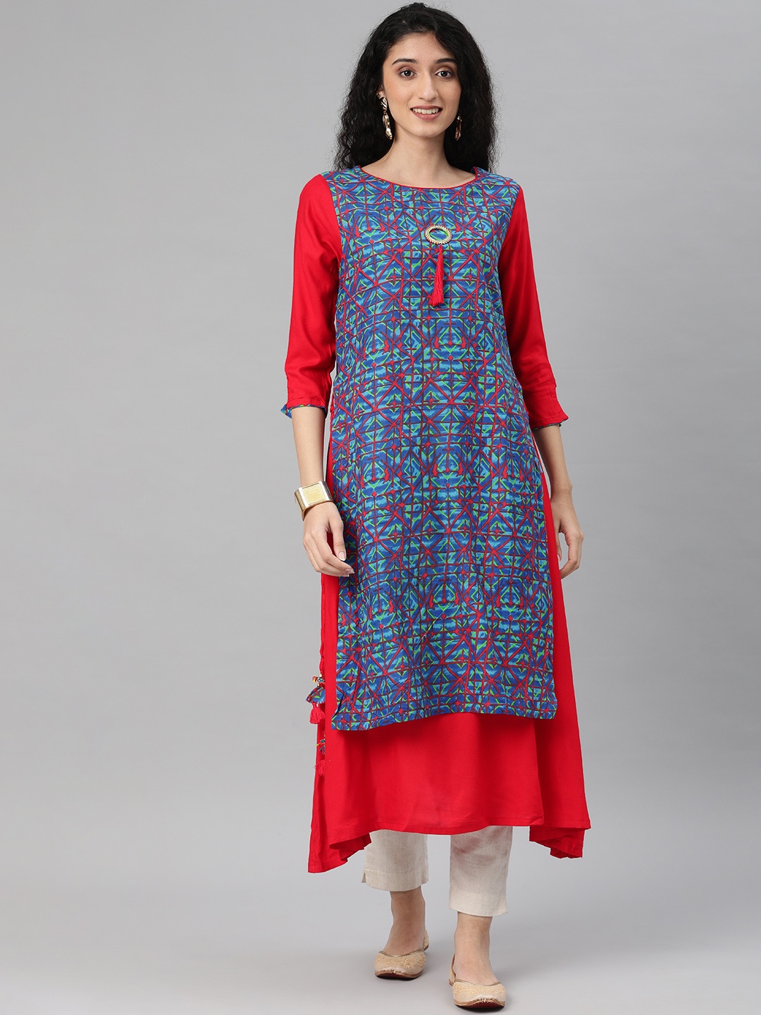 

flaher Women Blue & Red Printed A-Line Kurta