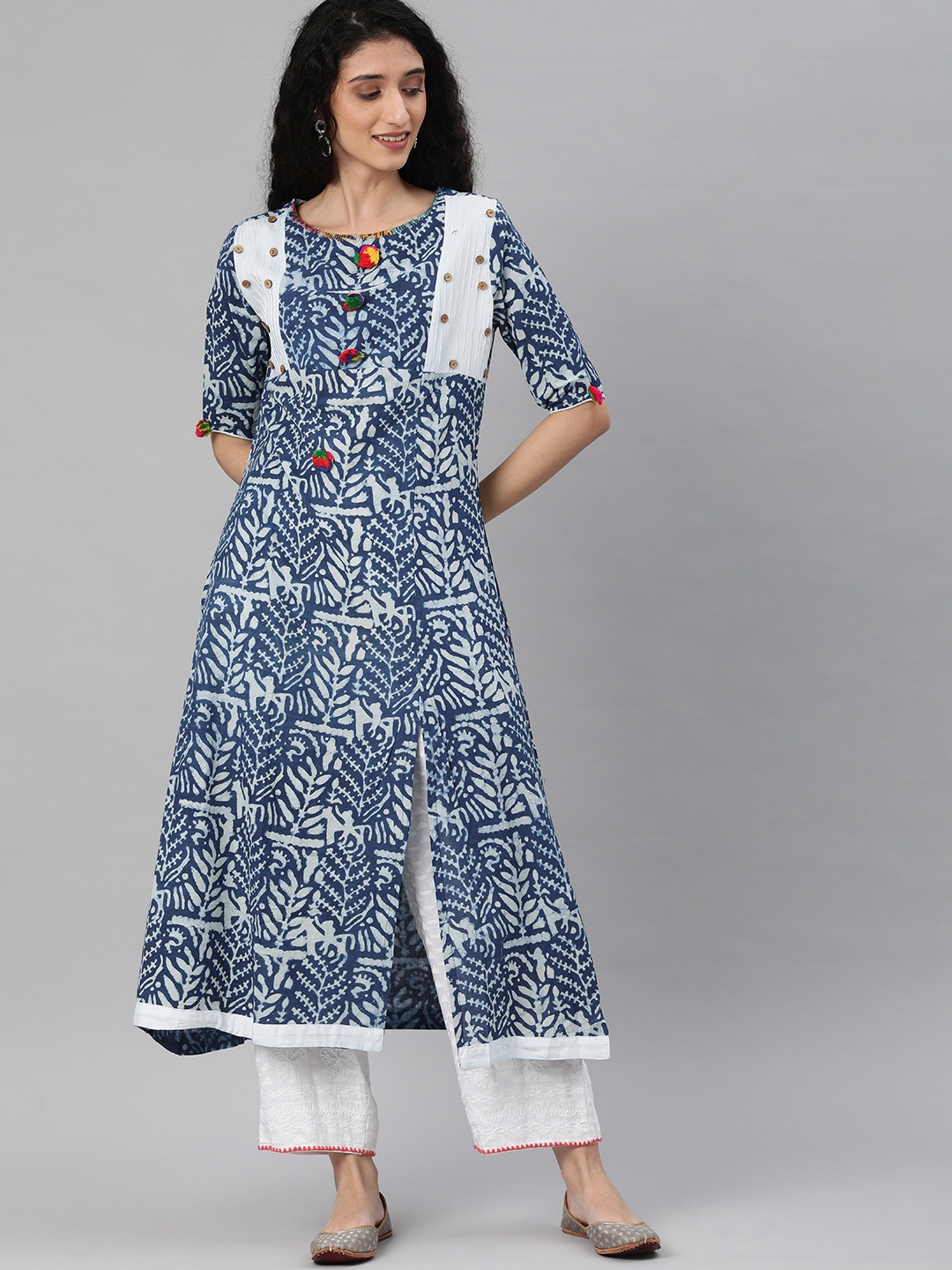 

flaher Women Navy Blue & White Printed A-Line Kurta