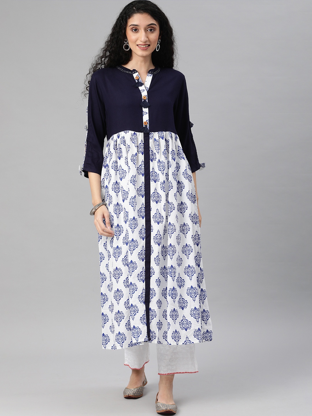 

flaher Women White & Navy Blue Printed A-Line Kurta