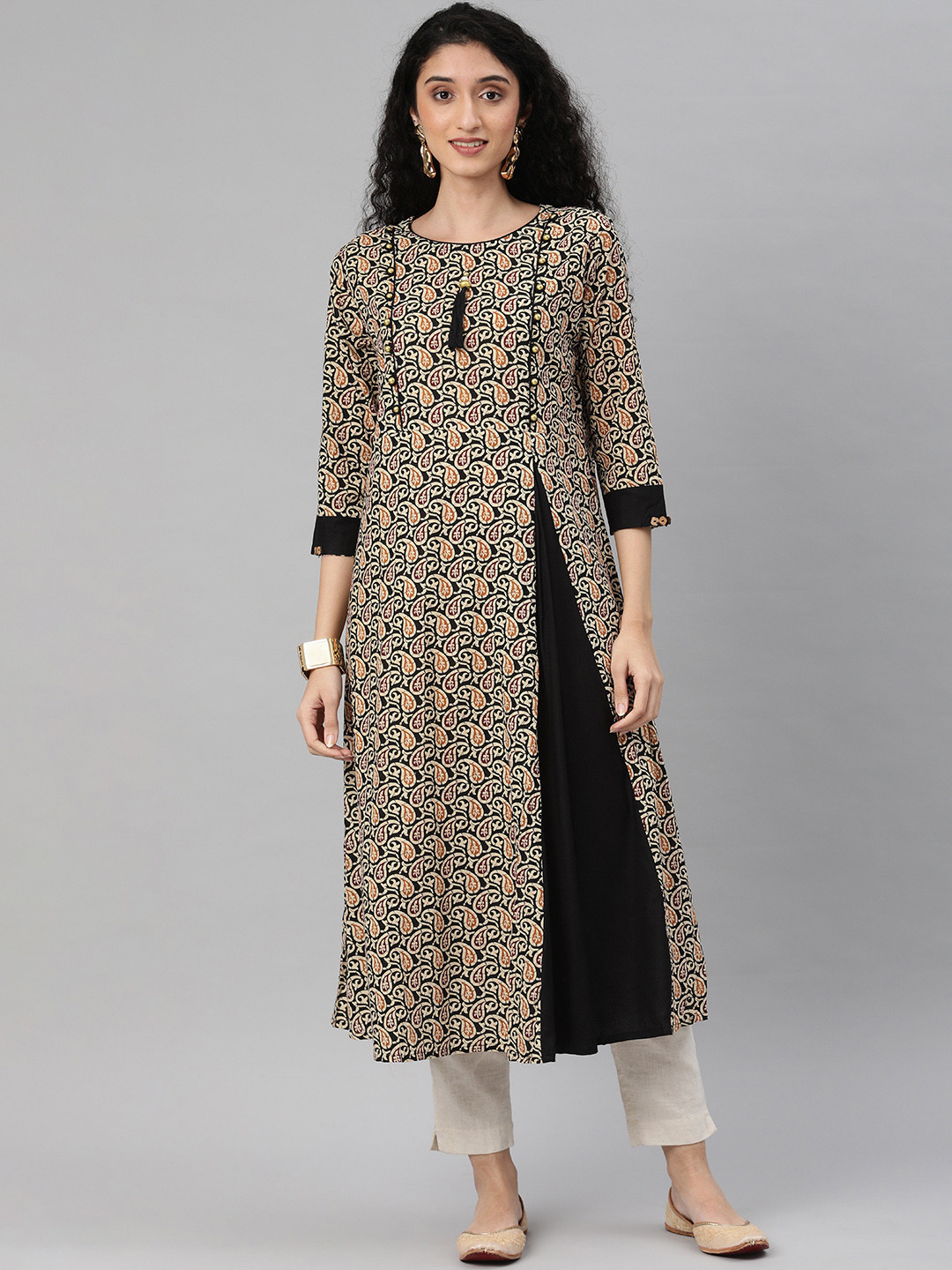 

flaher Women Black & Beige Printed A-Line Kurta