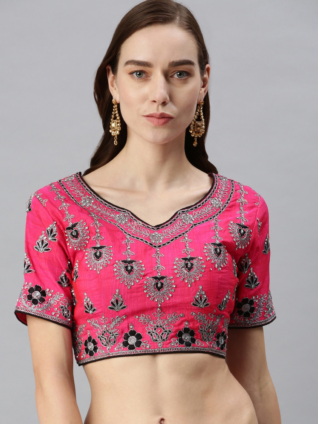 

flaher Women Pink Embroidered Art Silk Saree Blouse