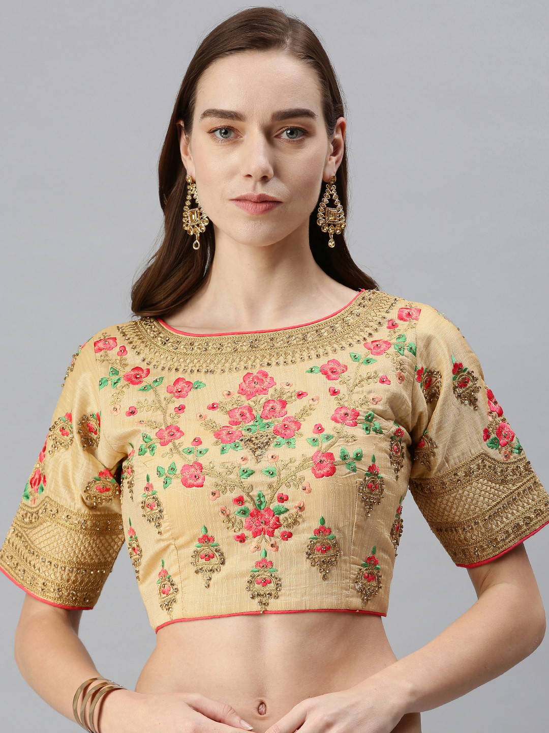 

flaher Women Beige Embroidered Art Silk Saree Blouse